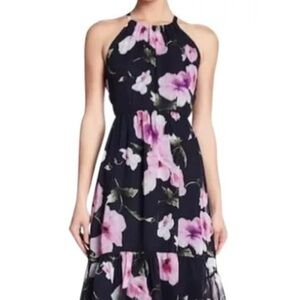 Vince Camuto Pink Black Floral Print Hi Lo Chiffon Maxi Dress S 4 High Neck